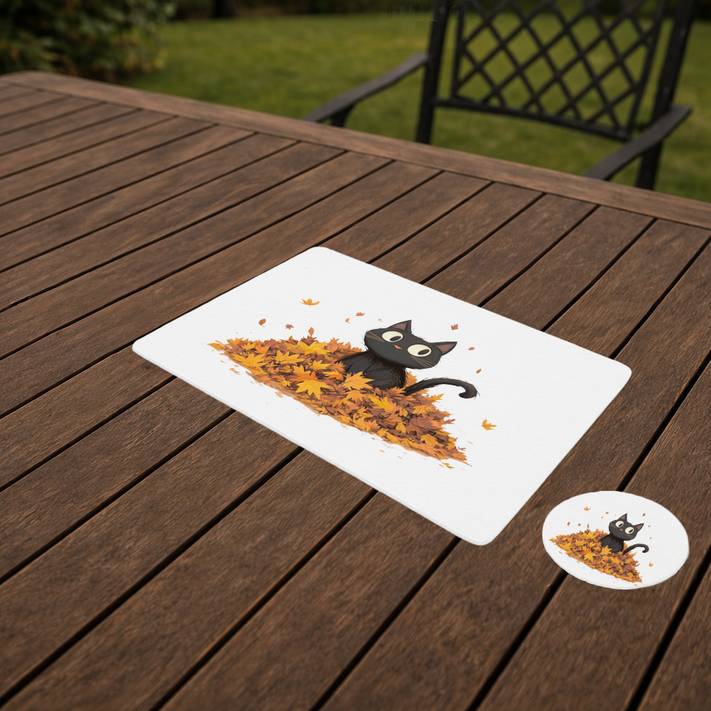 Sonbahar Yapraklarında Sevimli Siyah Kedi Servis Tabağı Altlığı (12 Adet)