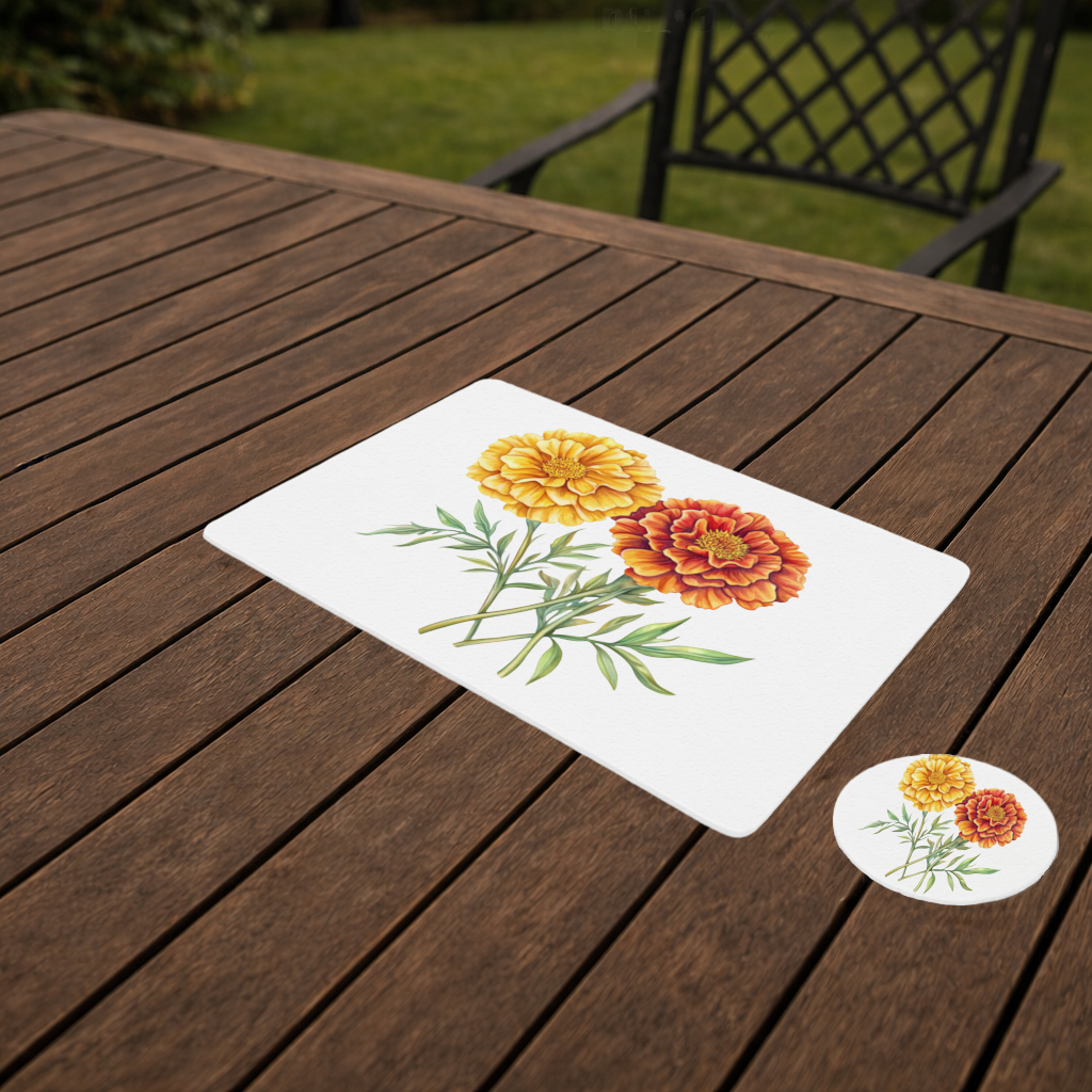 Botanik Sarı Turuncu Kadife Çiçeği Servis Tabağı Altlığı (12 Adet)