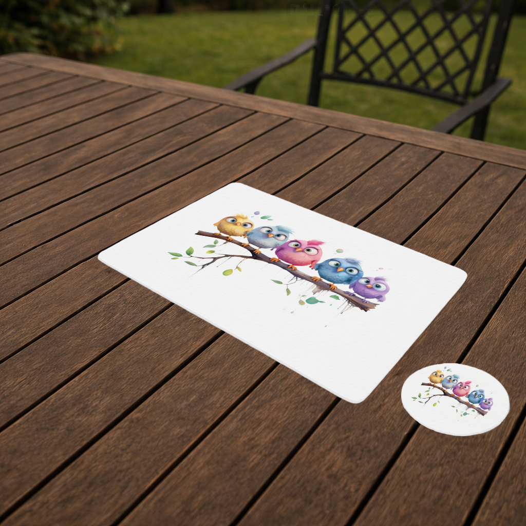 Five Colorful Kawaii Birds on Branch 