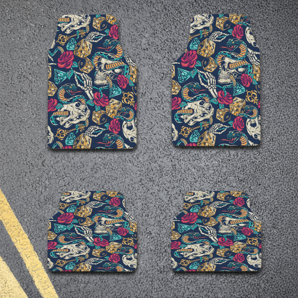 Skull Snake Dice and Roses Pattern Car Floor Mats