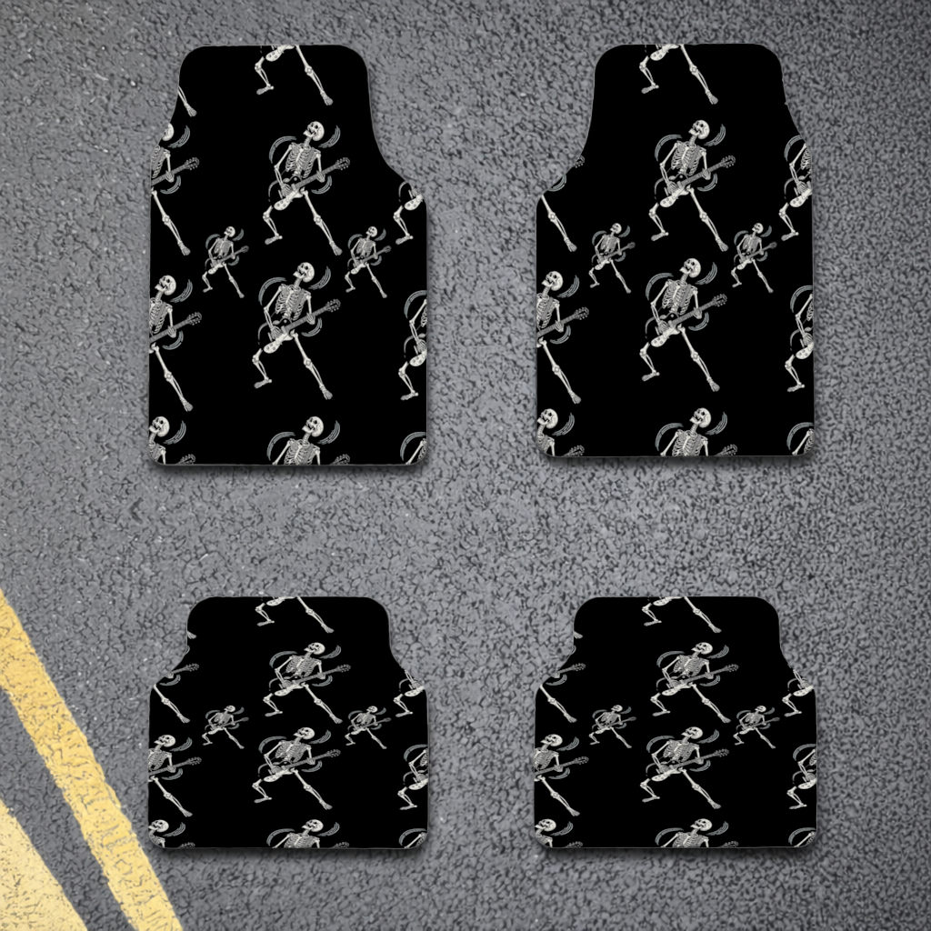 Rock Guitar Playing Skeleton Pattern on Black Car Floor Mats