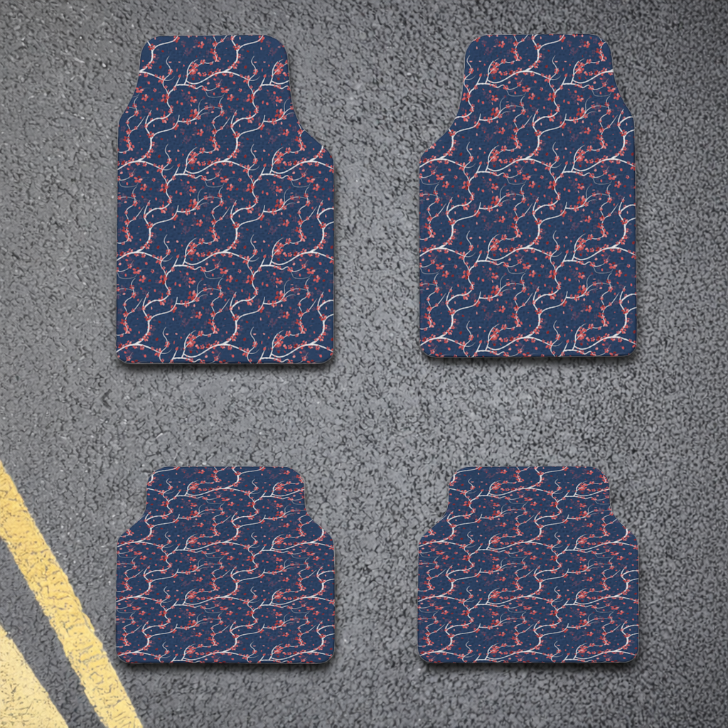 Red Floral Branch Pattern on Navy Background Car Floor Mats