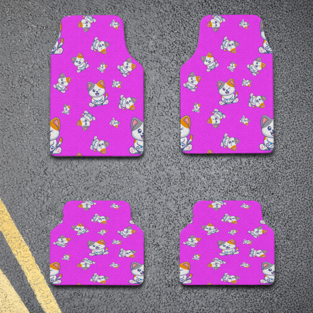 Cute Cartoon Cat Pattern on Pink Background Car Floor Mats
