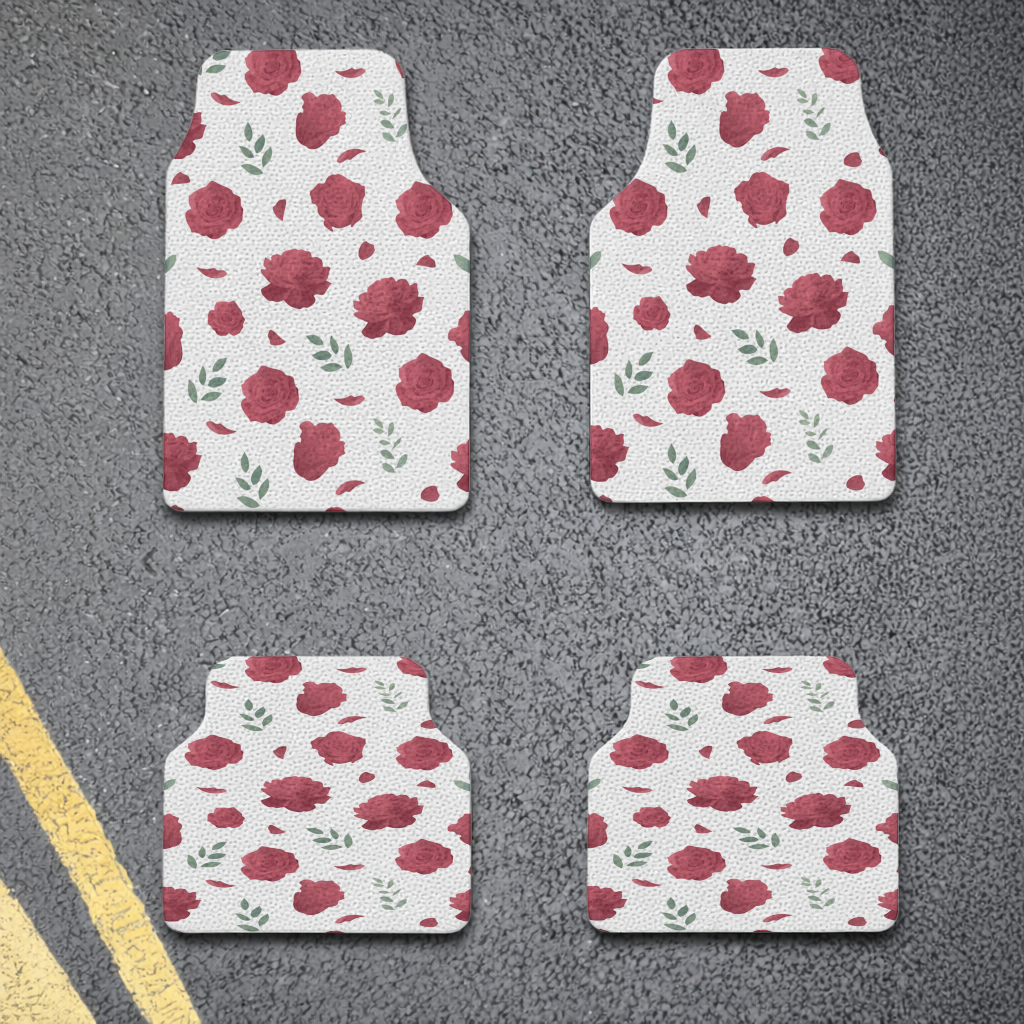Red Rose and Leaf Romantic Seamless Pattern Car Floor Mats