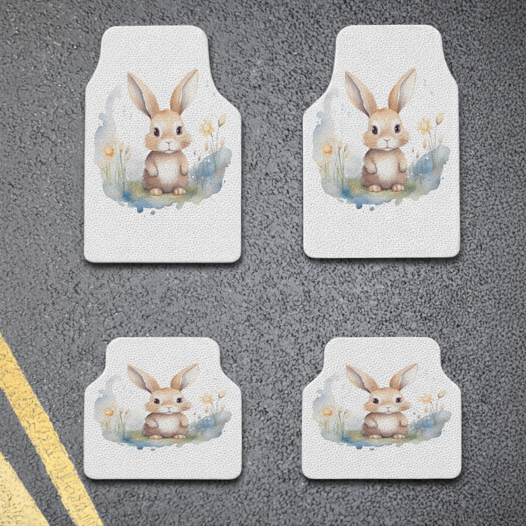 Sevimli Tavşan Suluboya İllüstrasyon Oto Paspası (4 Adet)