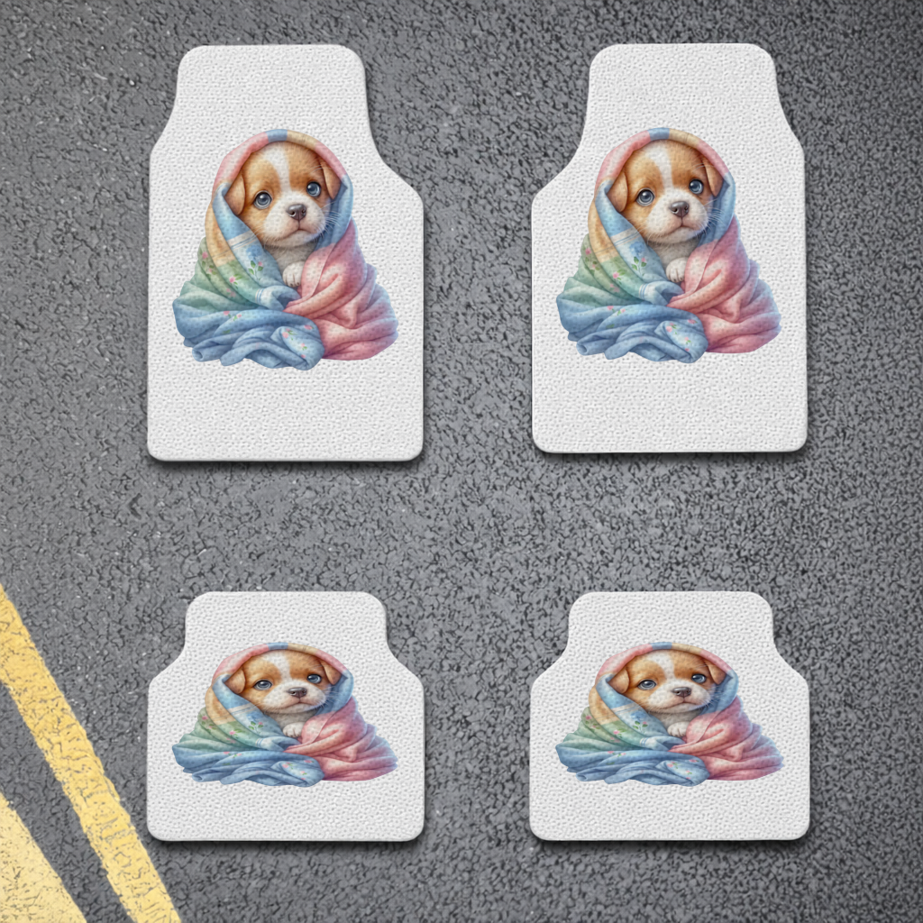 Cute Puppy Wrapped in Colorful Blanket Car Floor Mats