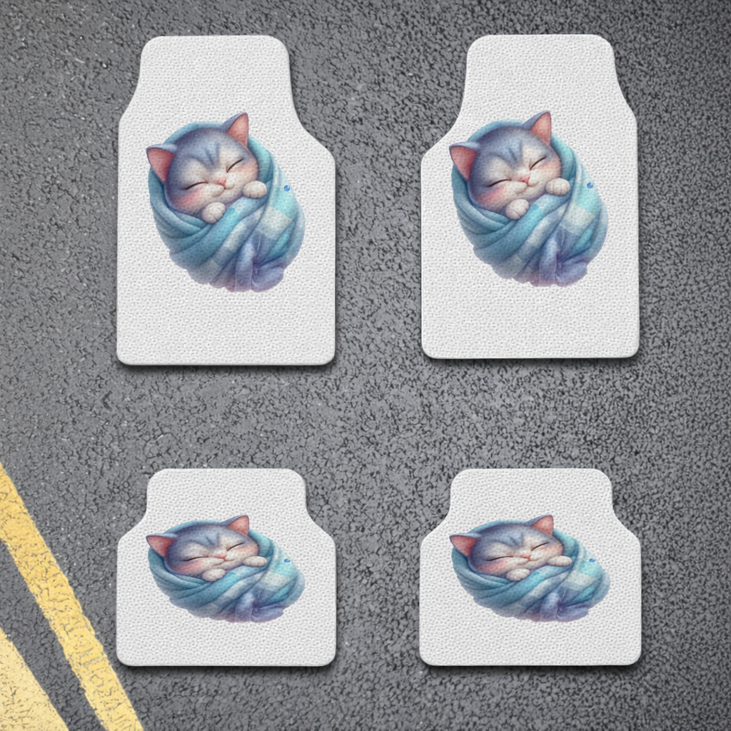 Kawaii Sleeping Kitten in Blue Swaddle Car Floor Mats