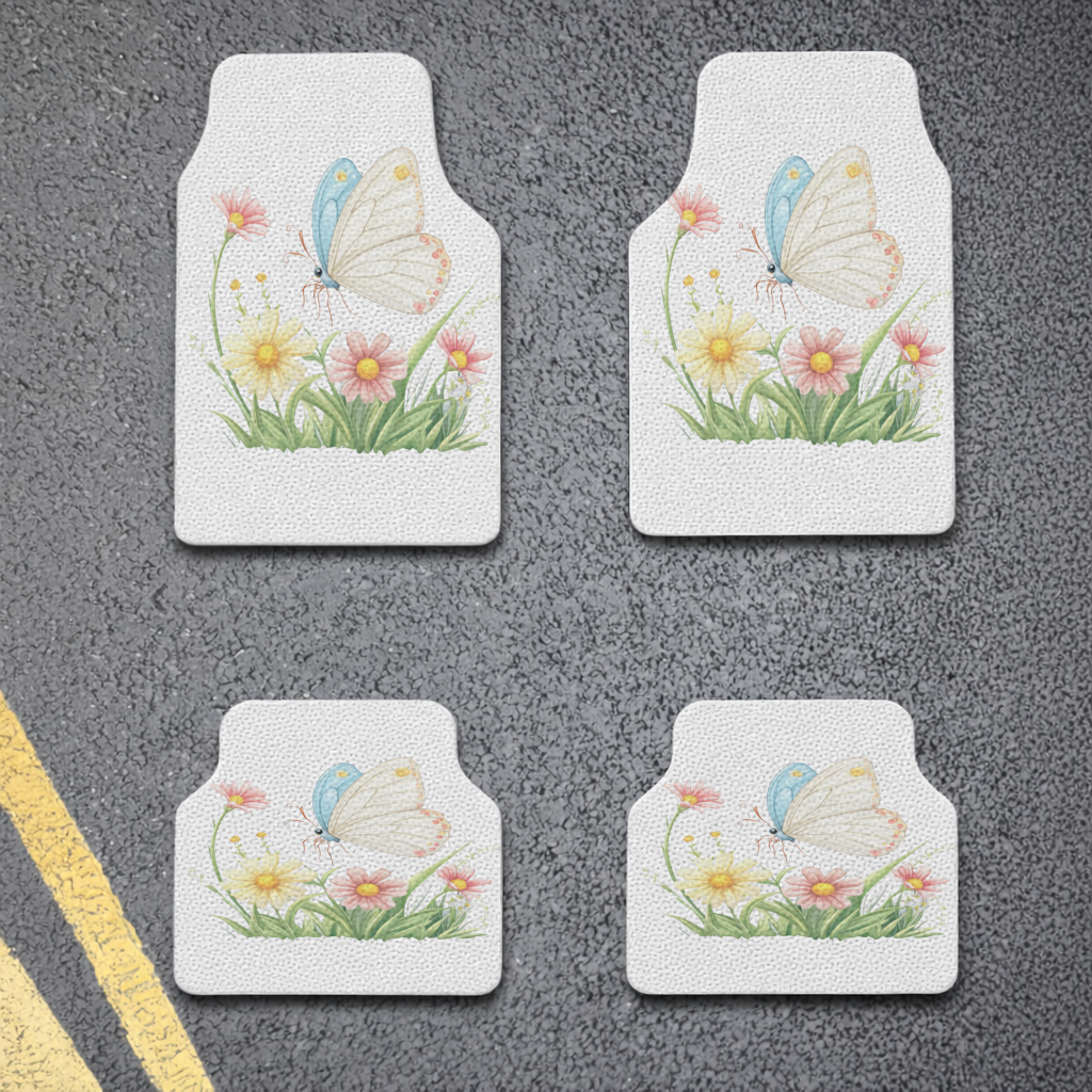 Pastel Kelebek ve Kır Çiçekleri Bahçesi Oto Paspası (4 Adet)