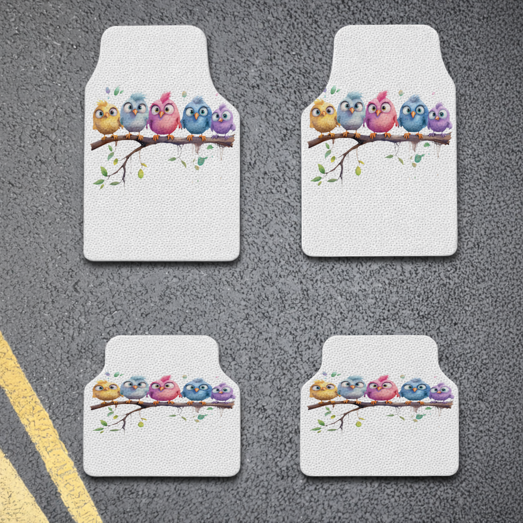 Five Colorful Kawaii Birds on Branch 