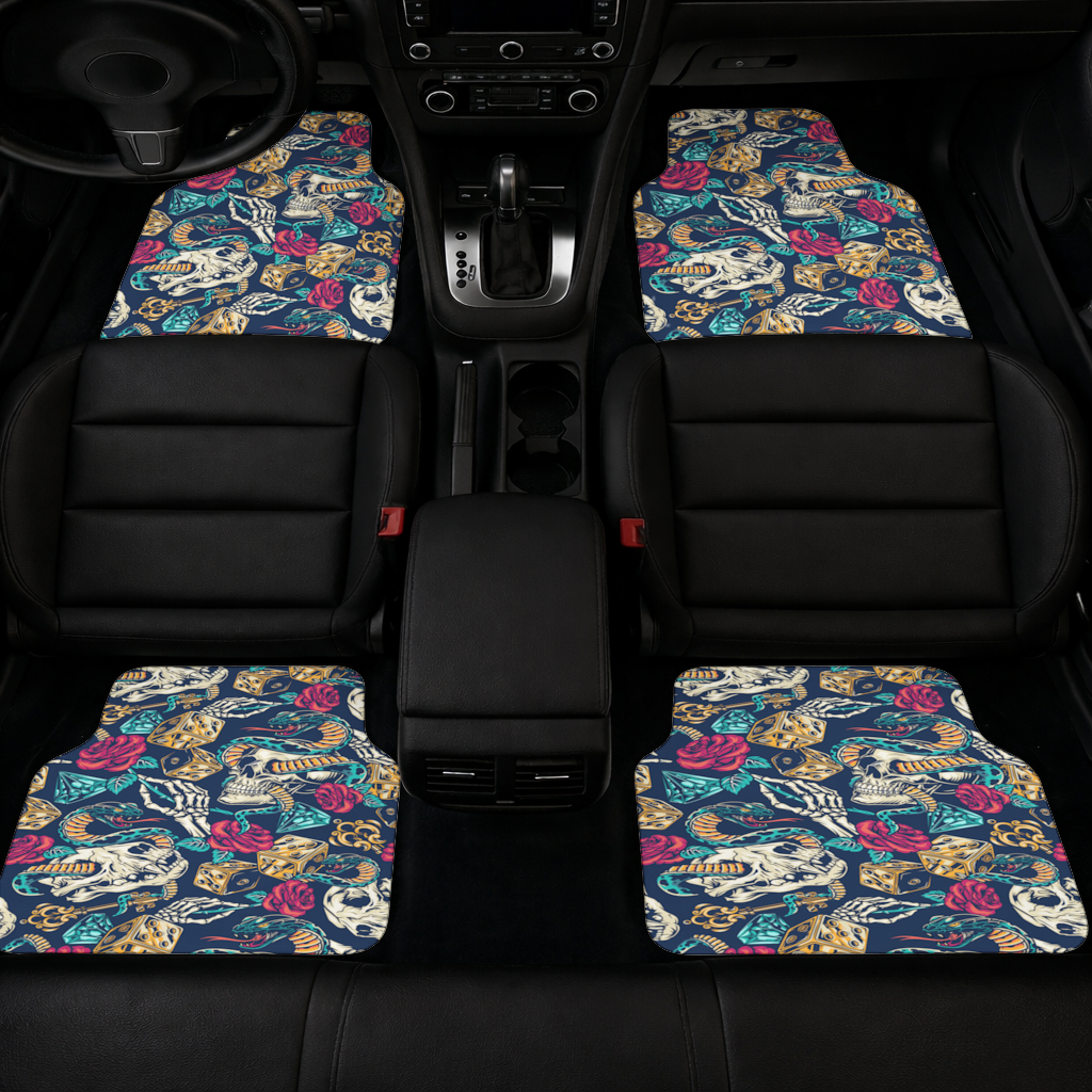 Skull Snake Dice and Roses Pattern Car Floor Mats