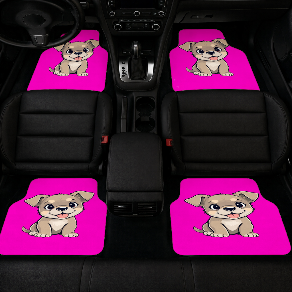 Pembe Arka Planlı Sevimli Köpek Çizimi Oto Paspası (4 Adet)