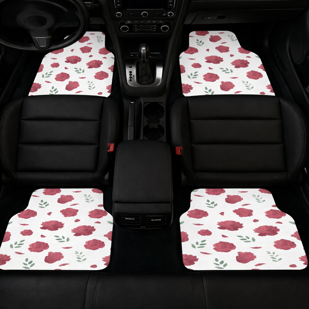 Red Rose and Leaf Romantic Seamless Pattern Car Floor Mats