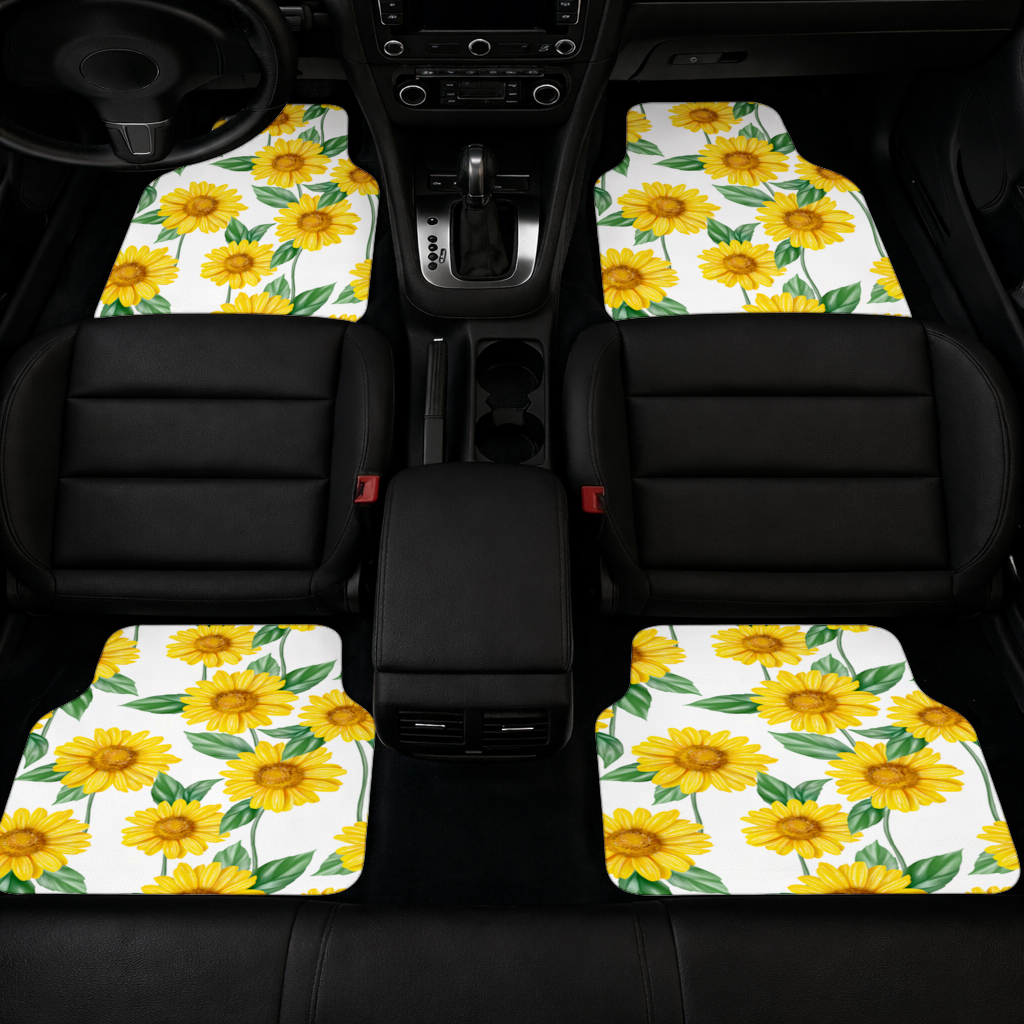 Vibrant Yellow Sunflower and Green Leaf Pattern Illustration Car Floor Mats