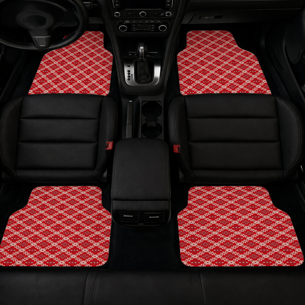 Kırmızı Etnik Nakış Deseni Oto Paspası (4 Adet)