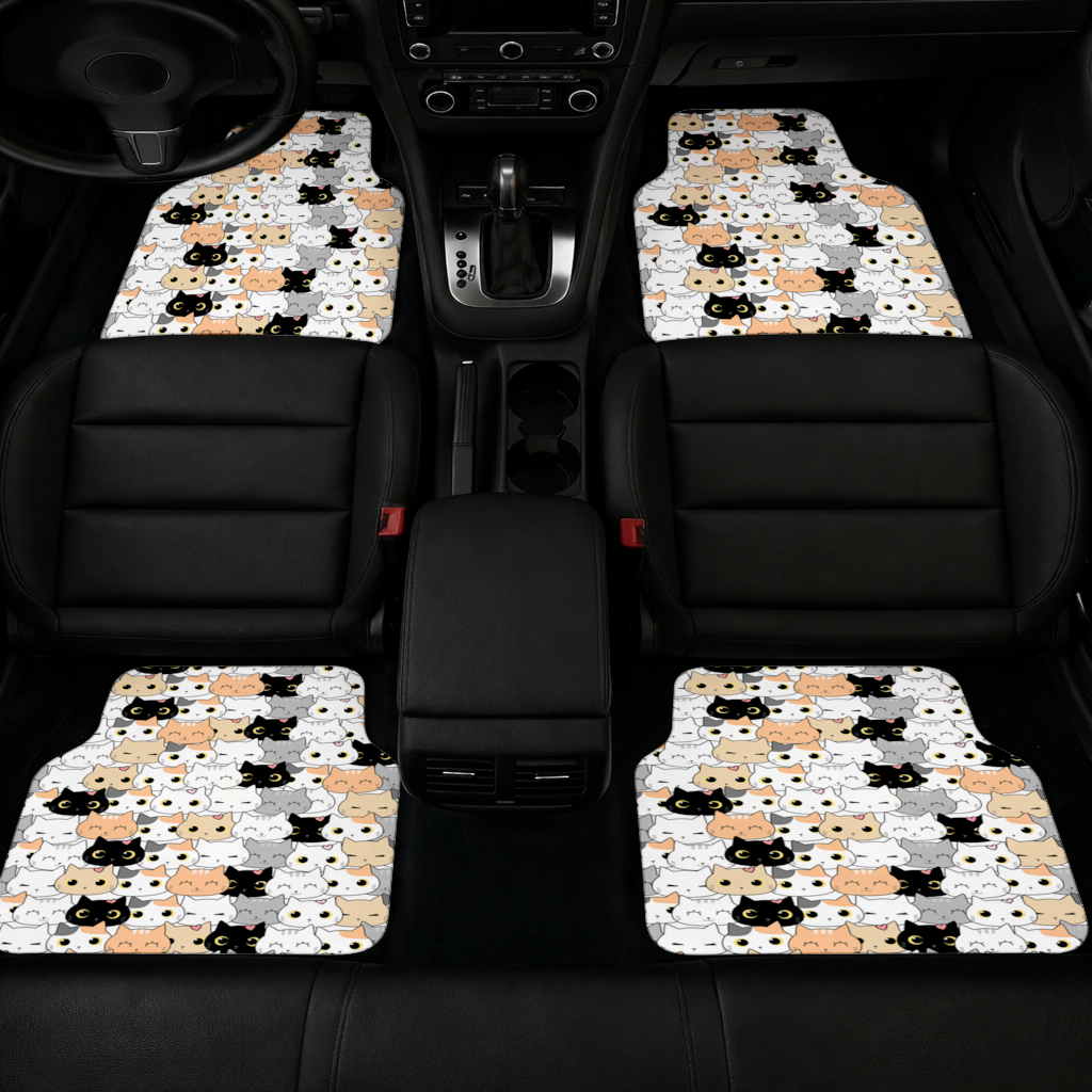 Renkli ve Sevimli Kedi Suratları Deseni Oto Paspası (4 Adet)