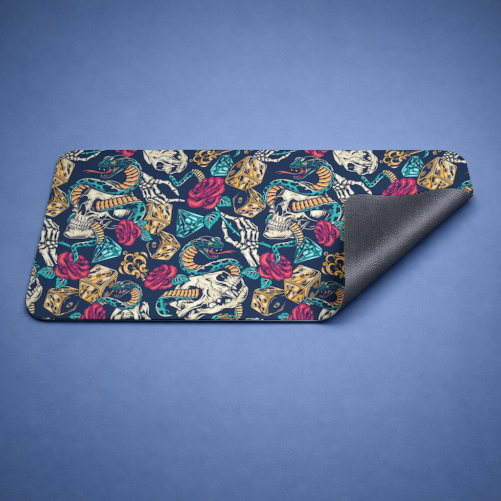 Skull Snake Dice and Roses Pattern Mouse Pad