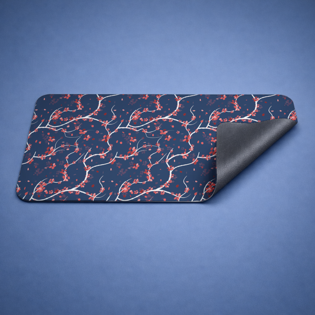 Red Floral Branch Pattern on Navy Background Mouse Pad