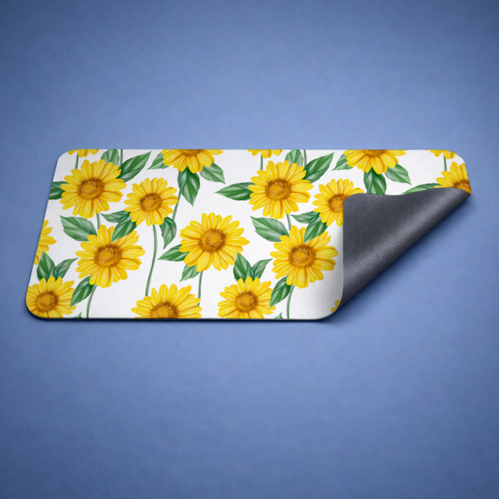 Vibrant Yellow Sunflower and Green Leaf Pattern Illustration Mouse Pad