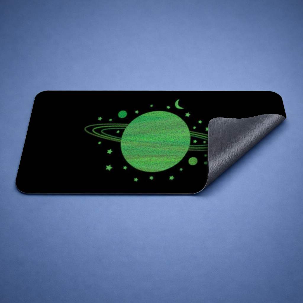Green planets on a black background. Mouse Pad