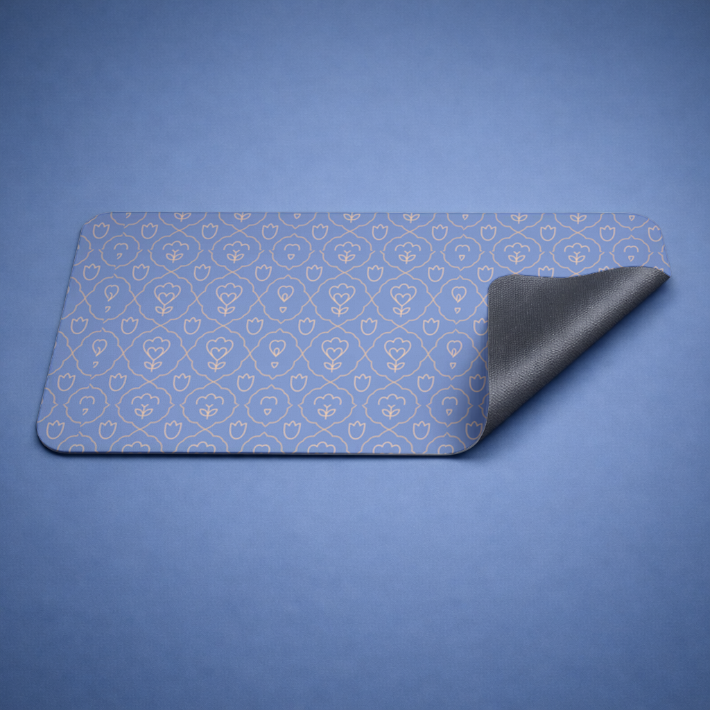 Mavi Üzerine Turuncu Çizgisel Çiçek Deseni Mouse Pad