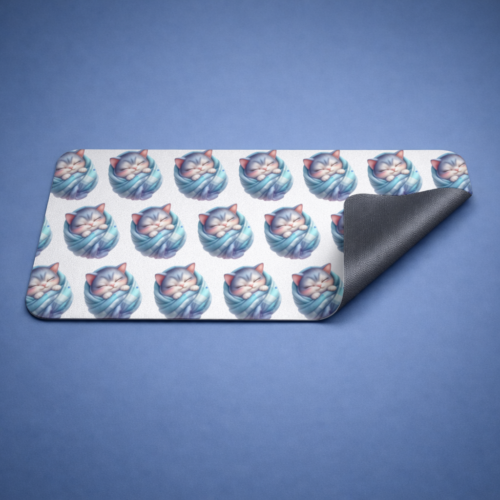 Kawaii Sleeping Kitten in Blue Swaddle Mouse Pad
