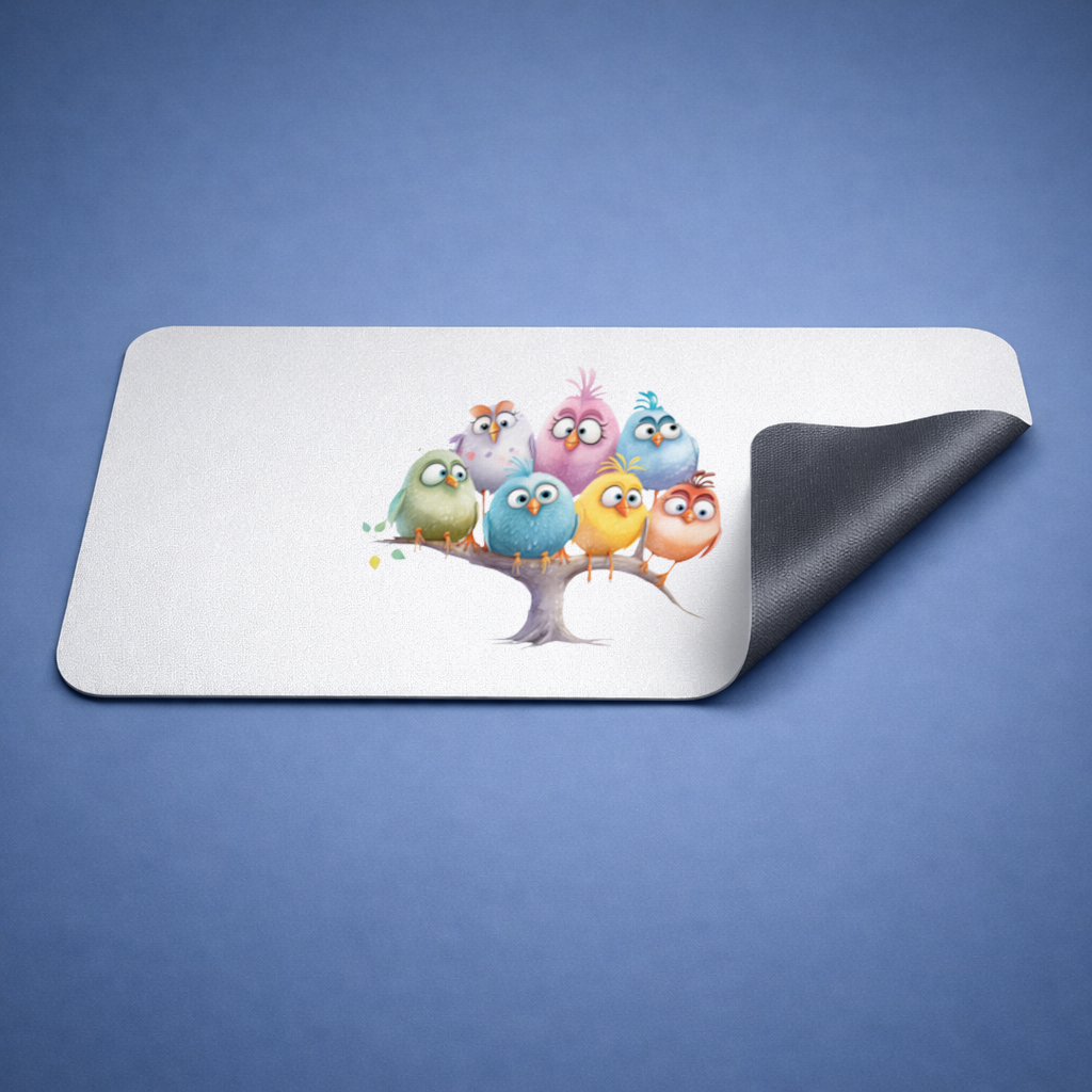 Whimsical Colorful Birds on Branch Mouse Pad