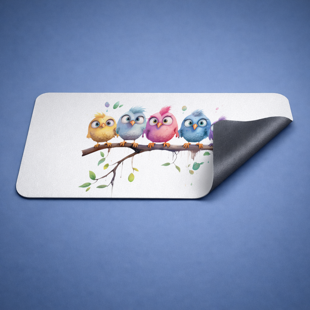 Five Colorful Kawaii Birds on Branch 