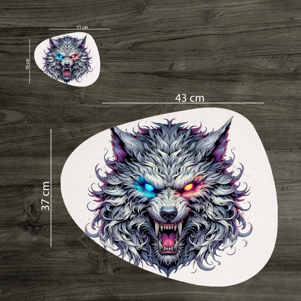 Öfkeli Kurt Başı İllüstrasyonu İki Renkli Gözlü, Vahşi Kurt Servis Tabağı Altlığı (12 Adet)