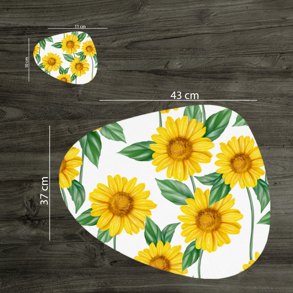 Canlı Sarı Ayçiçeği ve Yeşil Yaprak Desenli İllüstrasyon Servis Tabağı Altlığı (12 Adet)