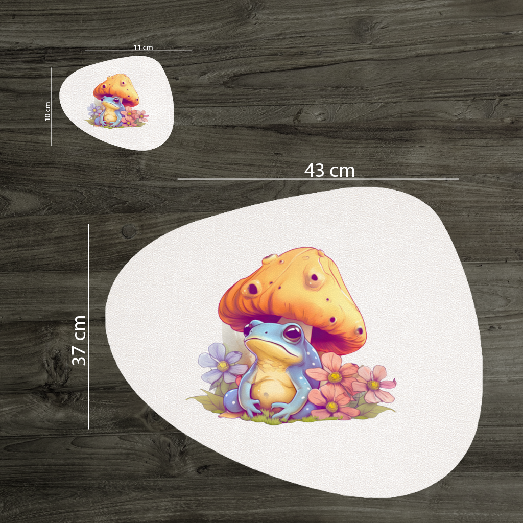 Blue Frog Resting Under Orange Mushroom Charger Plate Set  12 Pieces