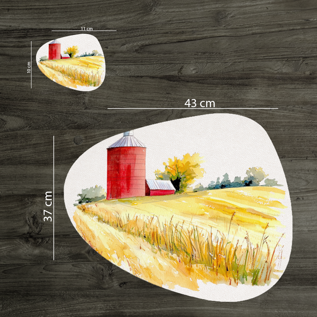 Kırmızı Silo ve Altın Buğday Tarlası Servis Tabağı Altlığı (12 Adet)