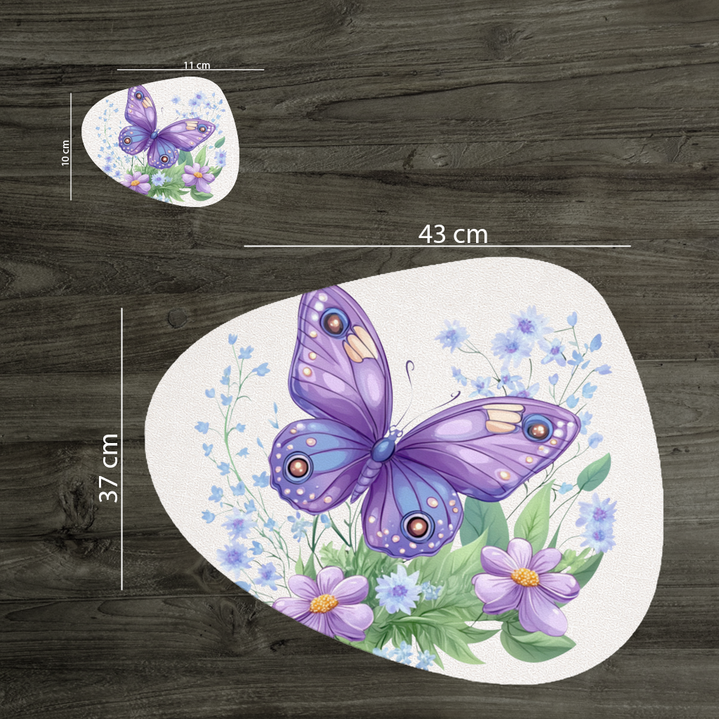 Mor Kelebek ve Mavi Kır Çiçekleri Servis Tabağı Altlığı (12 Adet)