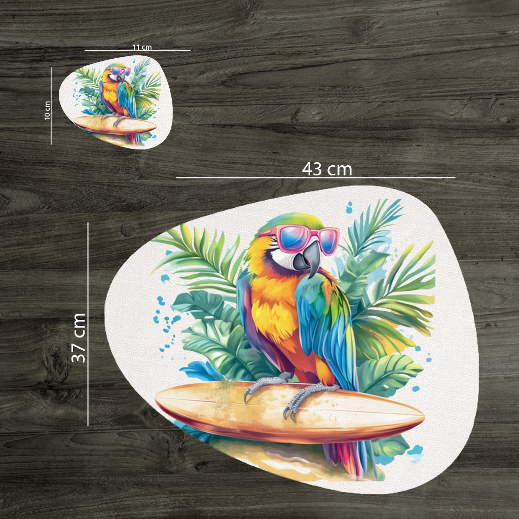 Sörf Yapan Güneş Gözlüklü Papağan Servis Tabağı Altlığı (12 Adet)