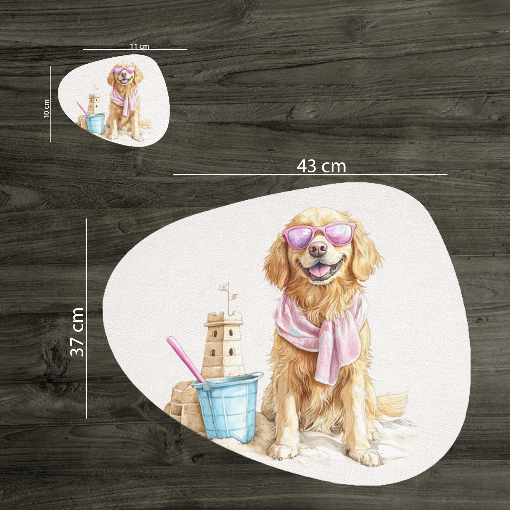 Plajda Pembe Gözlüklü Golden Retriever Servis Tabağı Altlığı (12 Adet)