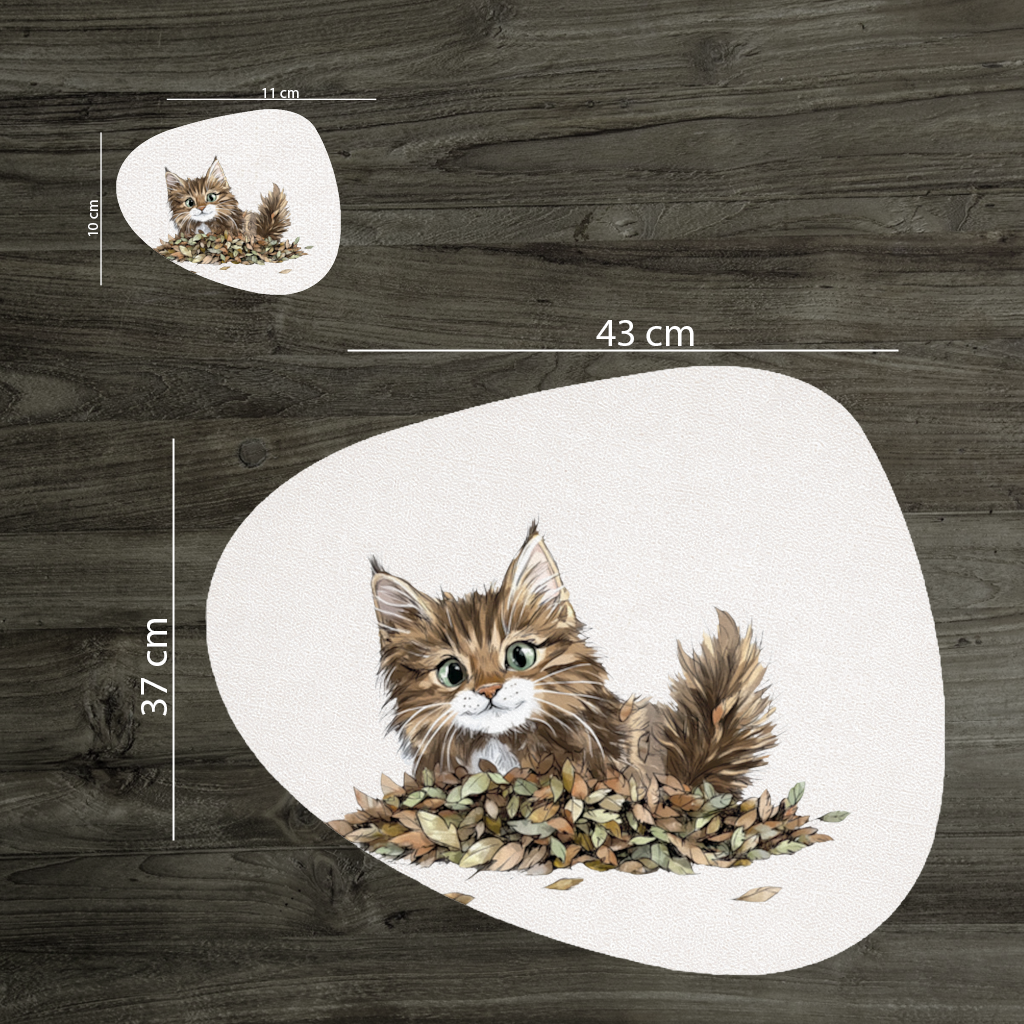 Yapraklar Arasında Sevimli Yavru Kedi Servis Tabağı Altlığı (12 Adet)