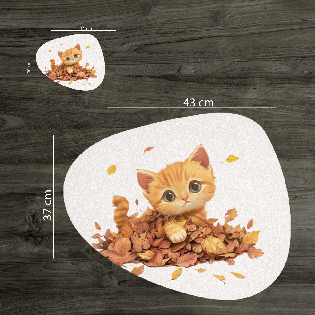 Sonbahar Yapraklarında Turuncu Yavru Kedi Servis Tabağı Altlığı (12 Adet)
