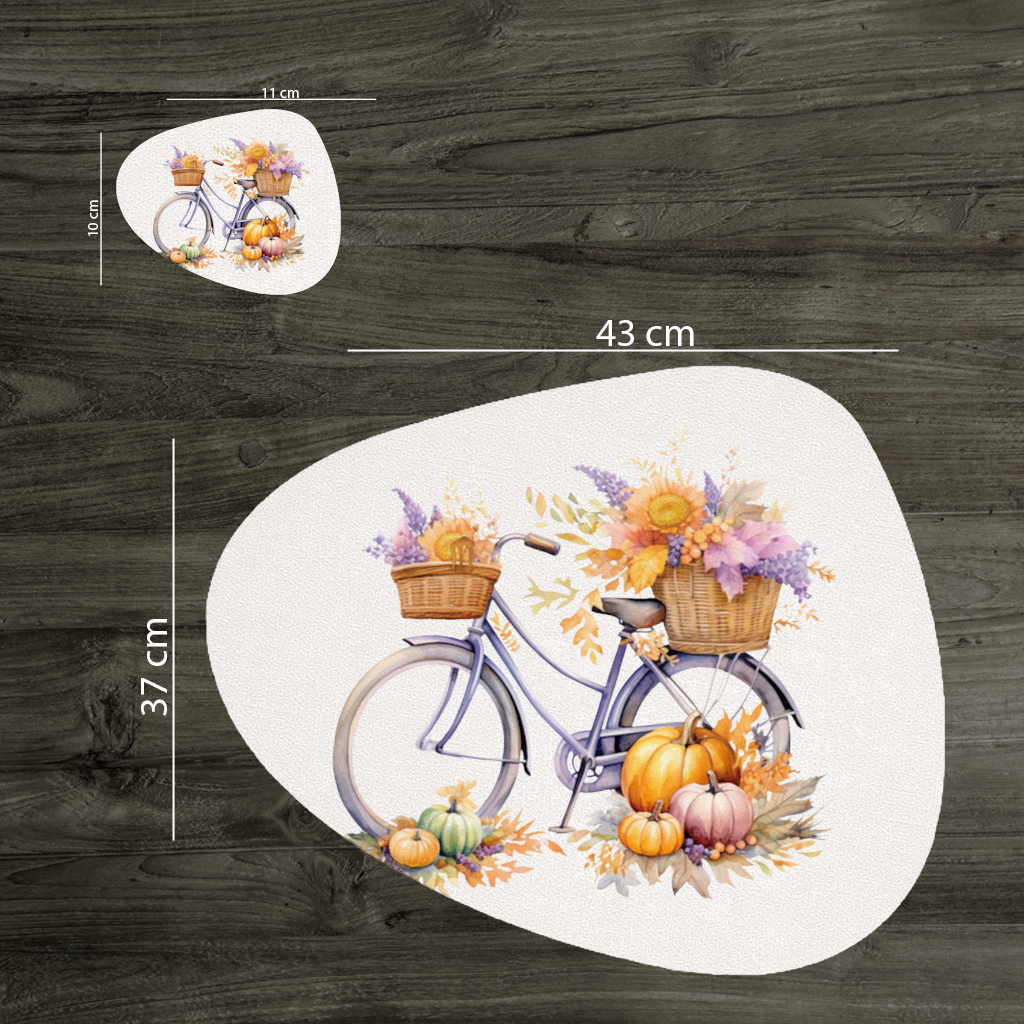 Balkabaklı ve Ayçiçekli Sonbahar Bisikleti Servis Tabağı Altlığı (12 Adet)