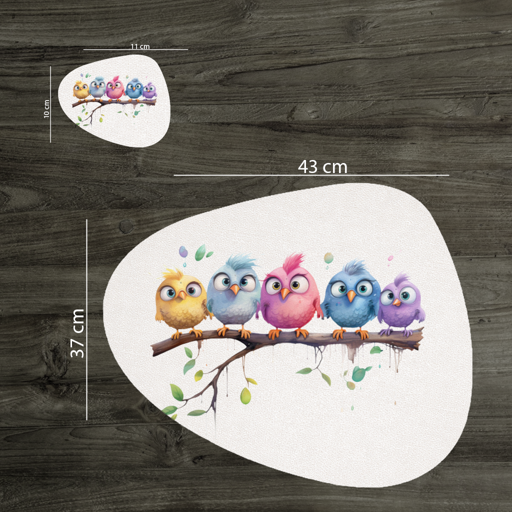 Five Colorful Kawaii Birds on Branch 