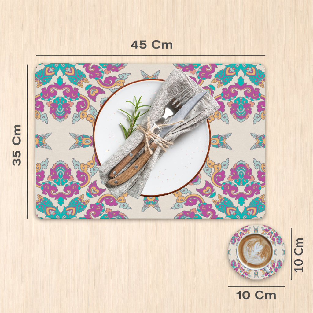 Renkli Oryantal Motifli Simetrik Mandala Deseni Servis Tabağı Altlığı (12 Adet)