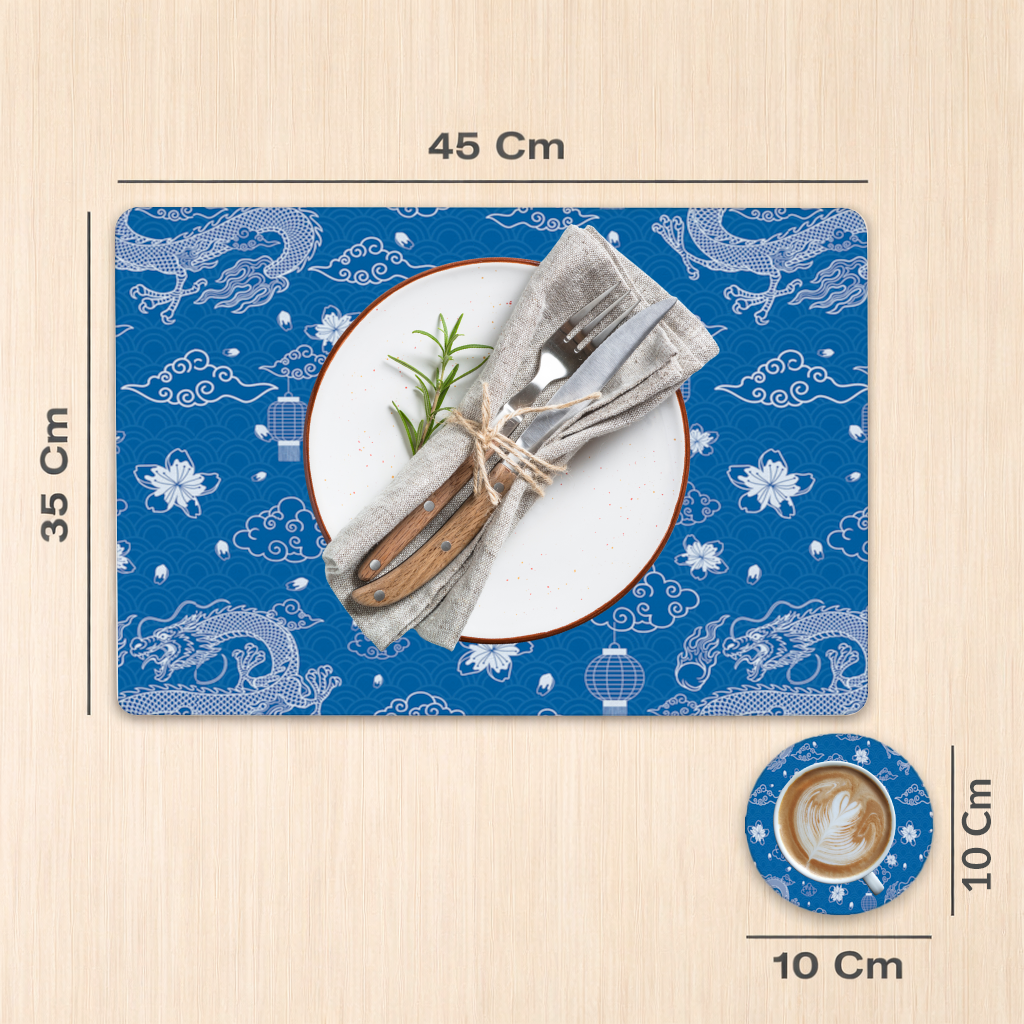 Traditional Dragon Pattern on Blue Background Charger Plate Set  12 Pieces