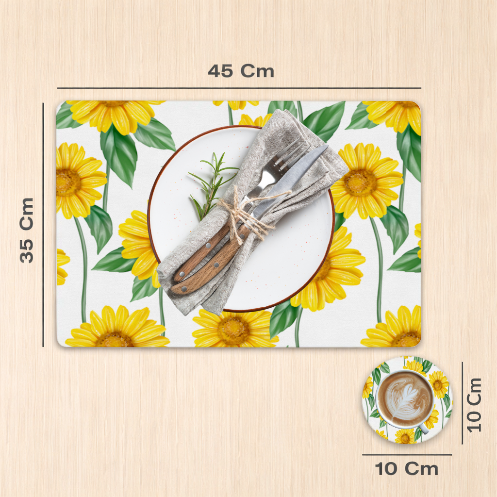 Vibrant Yellow Sunflower and Green Leaf Pattern Illustration Charger Plate Set  12 Pieces