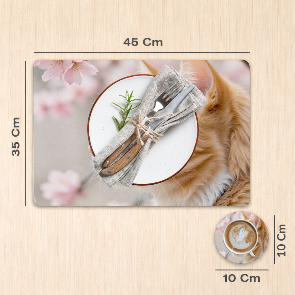 Dallar Arasında Sevimli Sarman Kedi Portresi Servis Tabağı Altlığı (12 Adet)