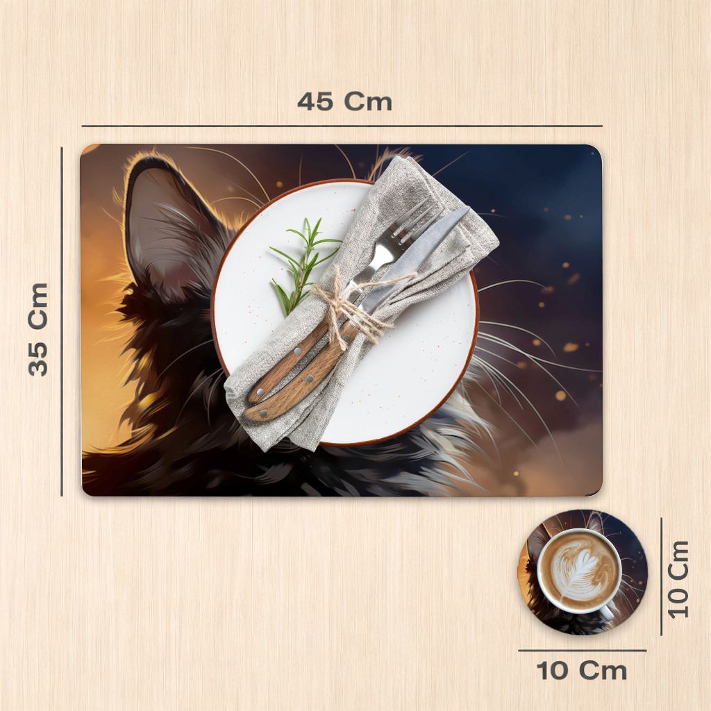 Siyah Kedi Dijital Sanat Servis Tabağı Altlığı (12 Adet)