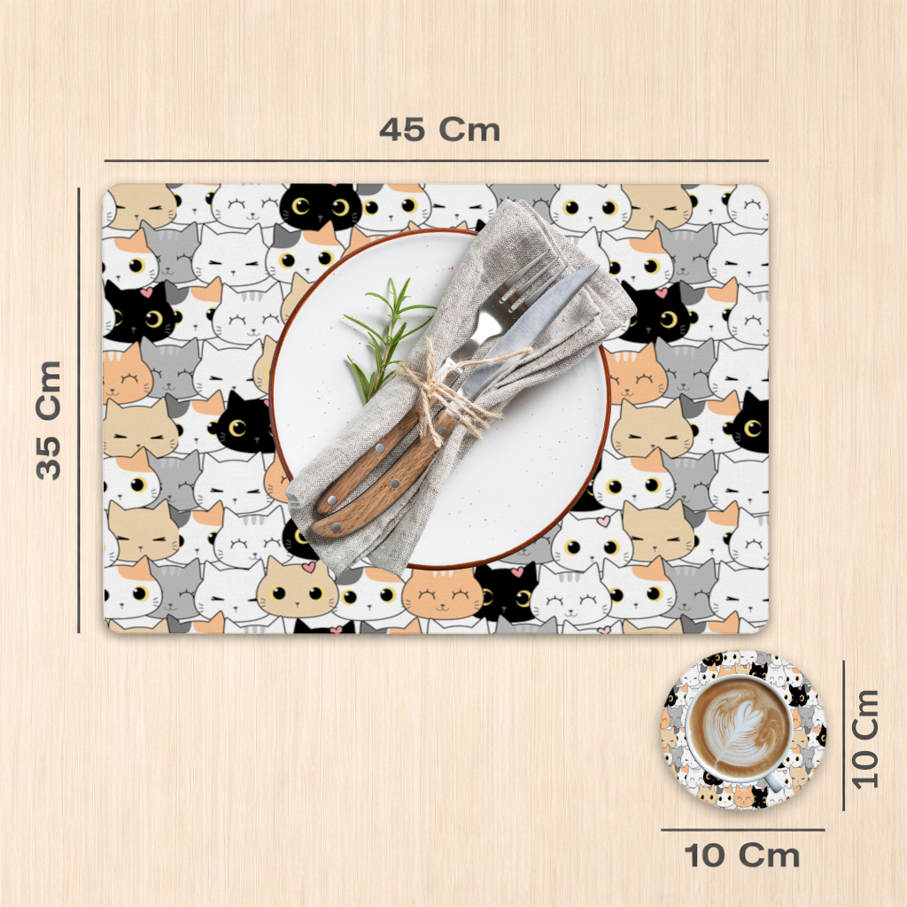 Renkli ve Sevimli Kedi Suratları Deseni Servis Tabağı Altlığı (12 Adet)