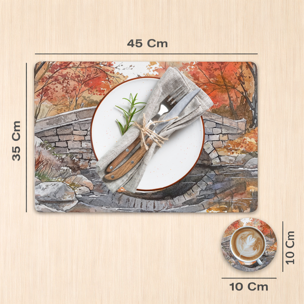 Autumn Stone Arch Bridge Over River Charger Plate Set  12 Pieces