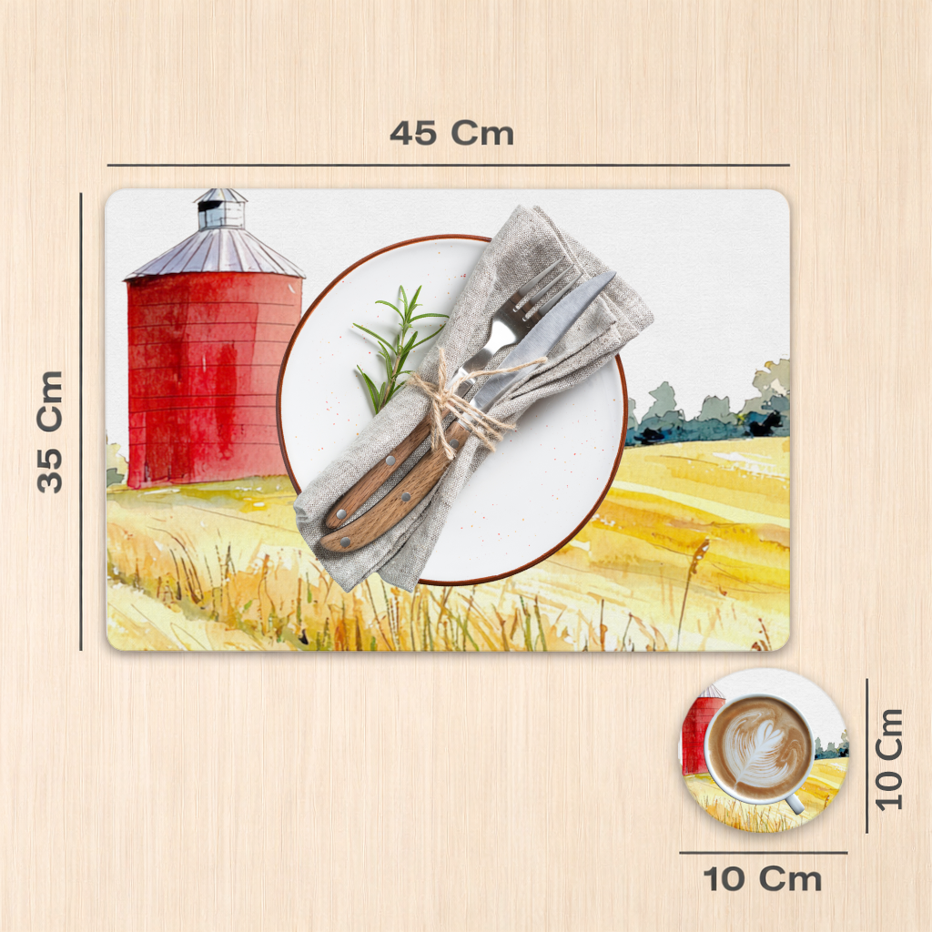 Red Farm Silo and Golden Wheat Field Charger Plate Set  12 Pieces