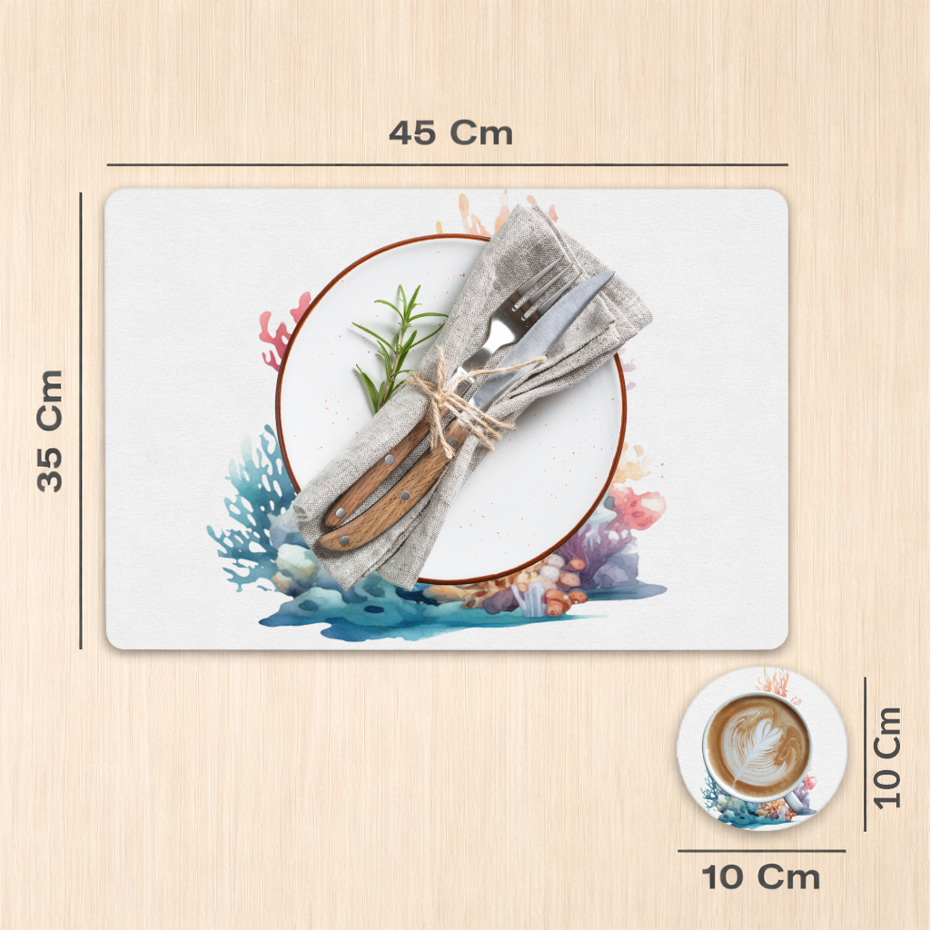 Renkli Suluboya Mercan Kayalığı Servis Tabağı Altlığı (12 Adet)