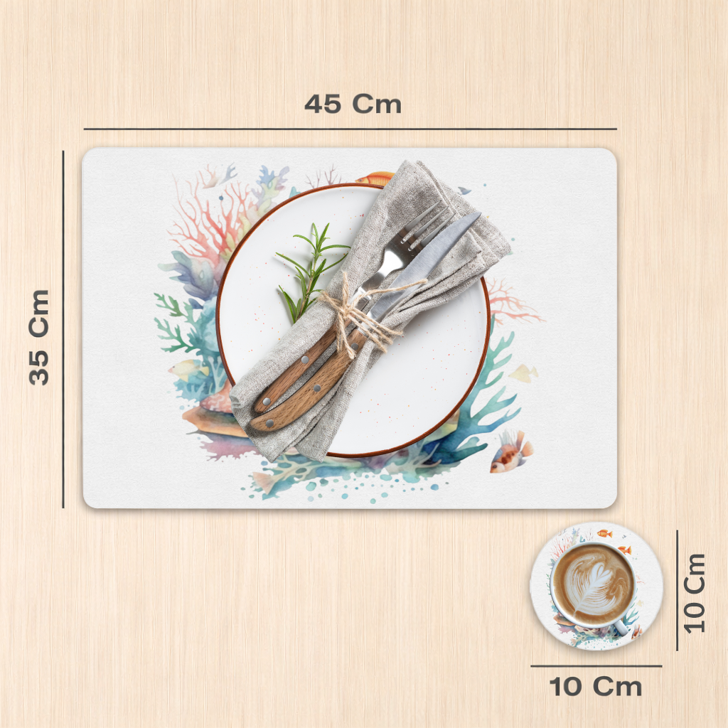 Renkli Mercan Resifi ve Turuncu Balıklar Servis Tabağı Altlığı (12 Adet)