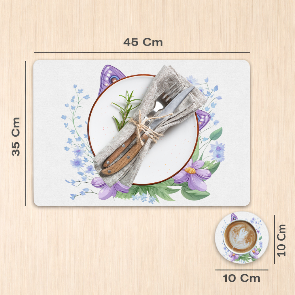 Mor Kelebek ve Mavi Kır Çiçekleri Servis Tabağı Altlığı (12 Adet)