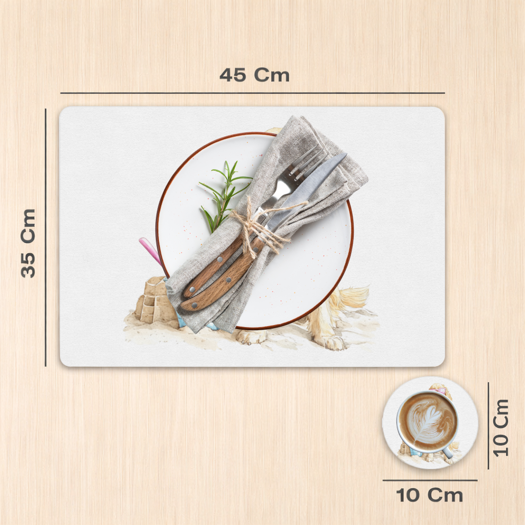 Plajda Pembe Gözlüklü Golden Retriever Servis Tabağı Altlığı (12 Adet)